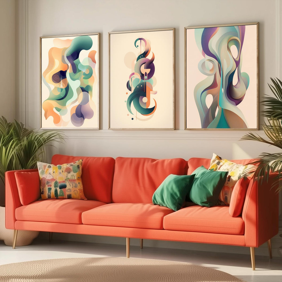 Abstract Smoke Fractals Set of Three Art Prints - Flowing Sage, Lilac and Peach Shapes - Modern Minimalist Poster Illustration