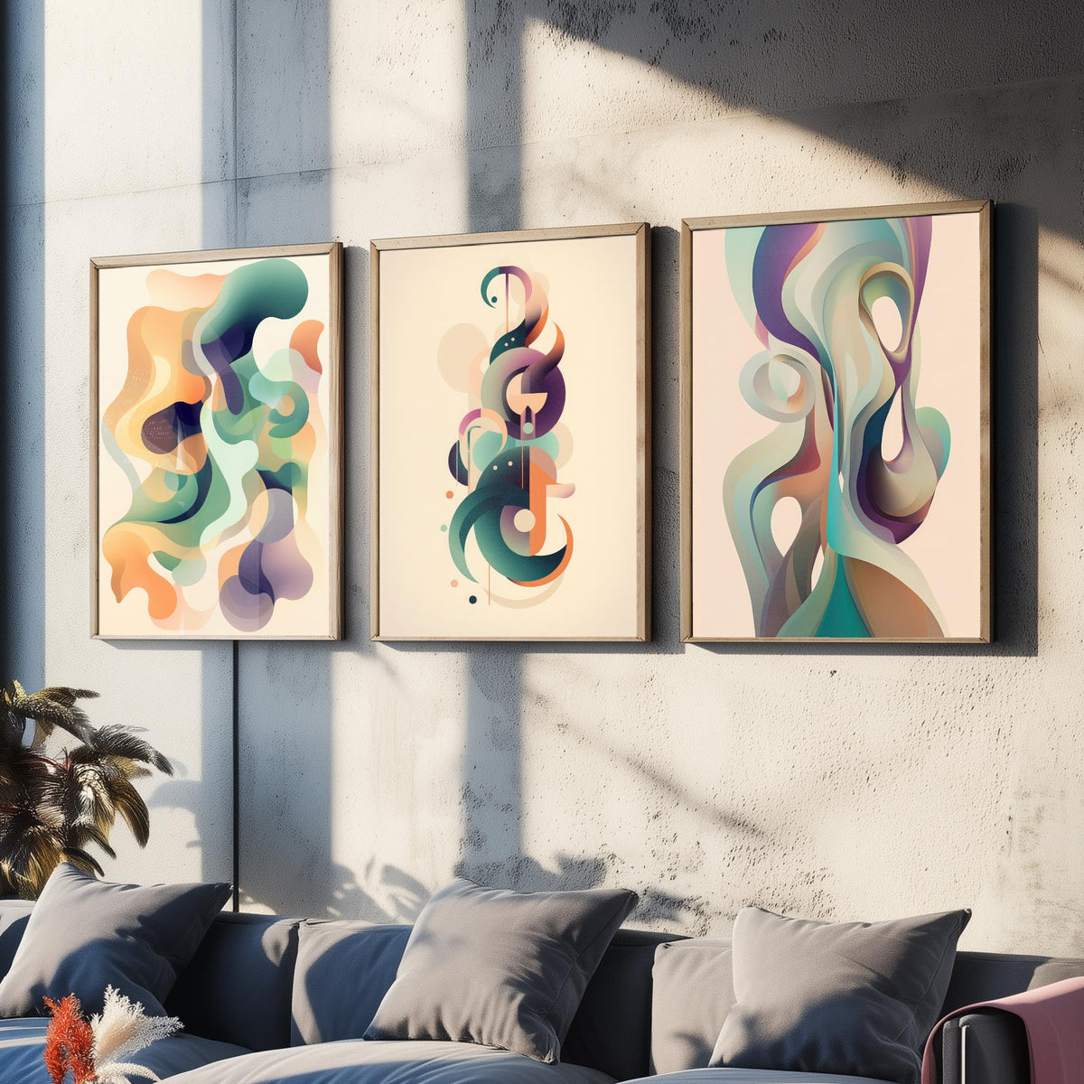 Abstract Smoke Fractals Set of Three Art Prints - Flowing Sage, Lilac and Peach Shapes - Modern Minimalist Poster Illustration