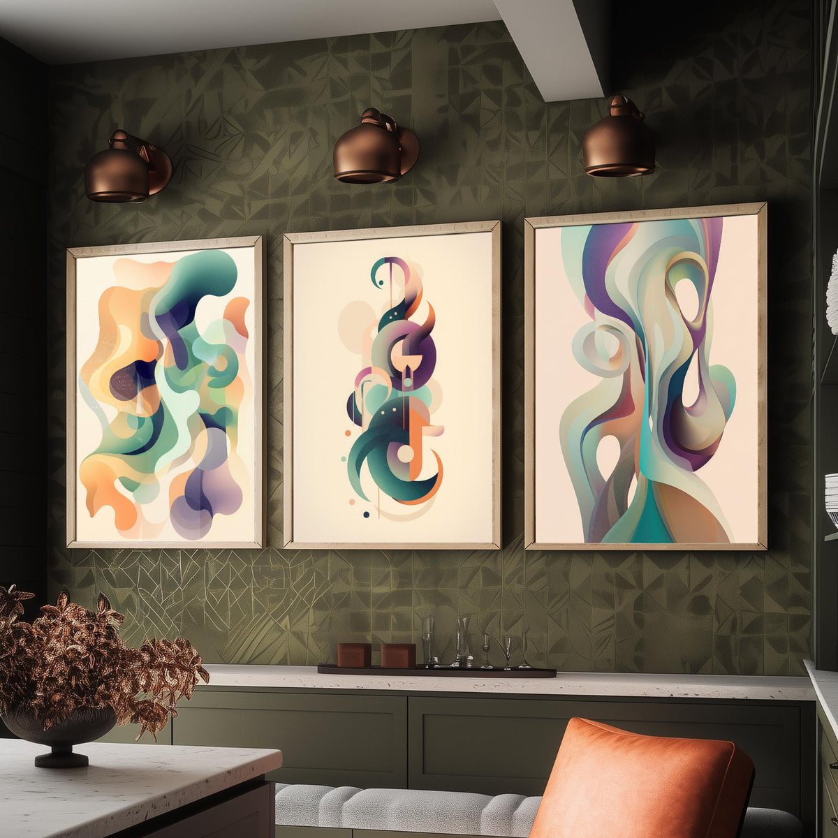 Abstract Smoke Fractals Set of Three Art Prints - Flowing Sage, Lilac and Peach Shapes - Modern Minimalist Poster Illustration
