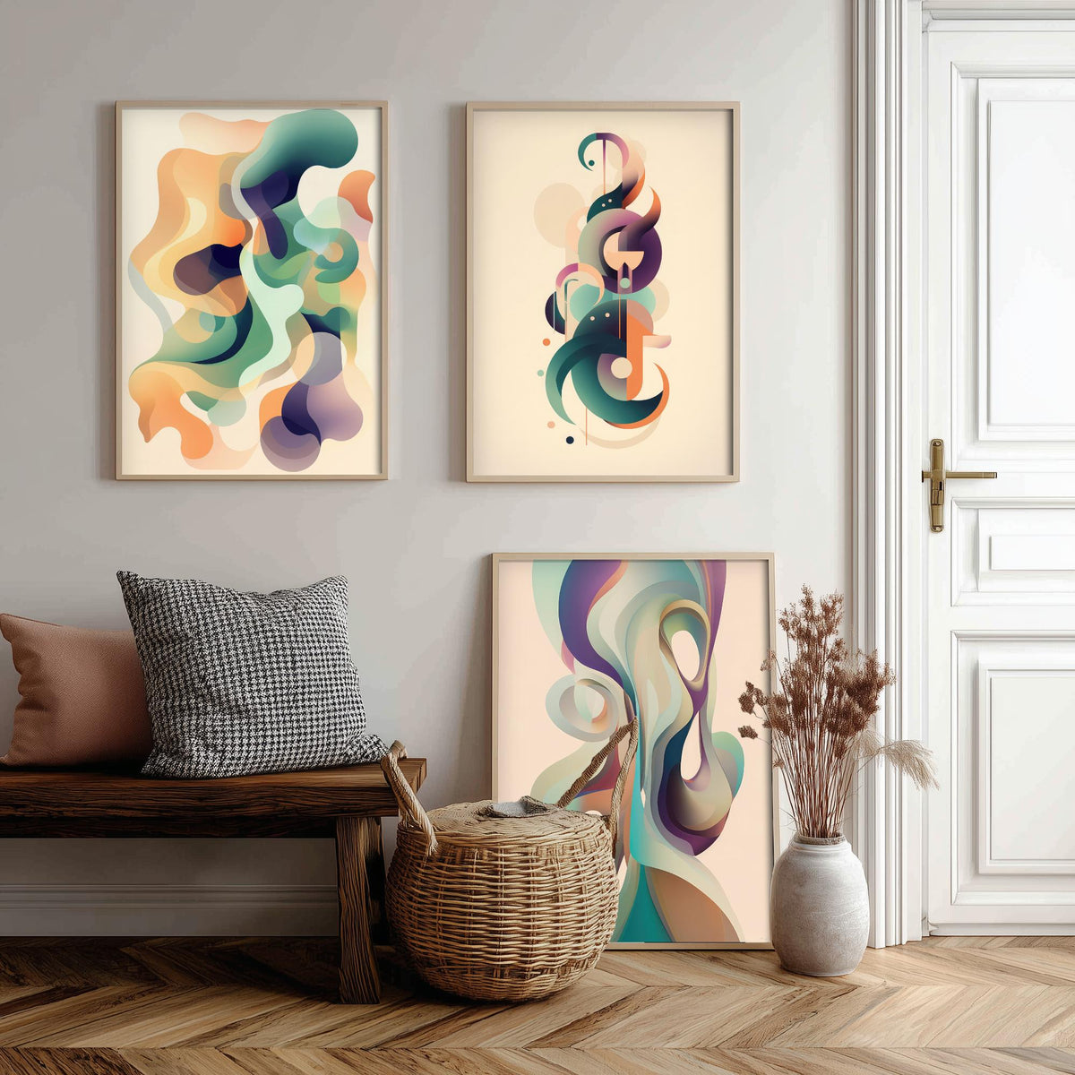 Abstract Smoke Fractals Set of Three Art Prints - Flowing Sage, Lilac and Peach Shapes - Modern Minimalist Poster Illustration