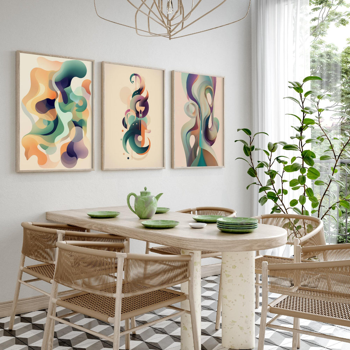 Abstract Smoke Fractals Set of Three Art Prints - Flowing Sage, Lilac and Peach Shapes - Modern Minimalist Poster Illustration