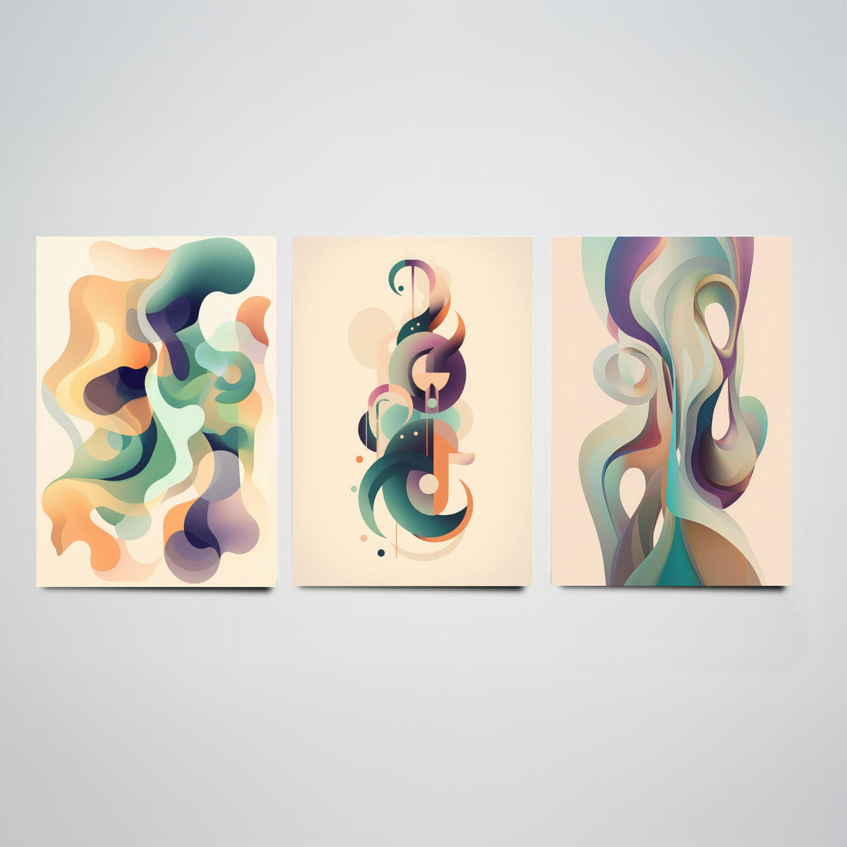 Abstract Smoke Fractals Set of Three Art Prints - Flowing Sage, Lilac and Peach Shapes - Modern Minimalist Poster Illustration