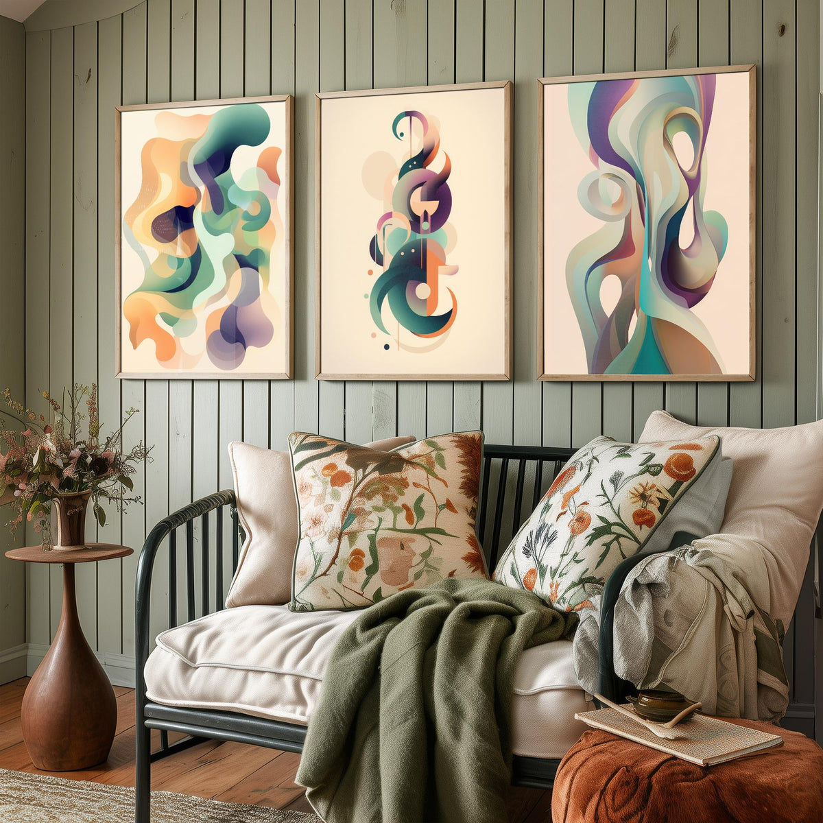 Abstract Smoke Fractals Set of Three Art Prints - Flowing Sage, Lilac and Peach Shapes - Modern Minimalist Poster Illustration