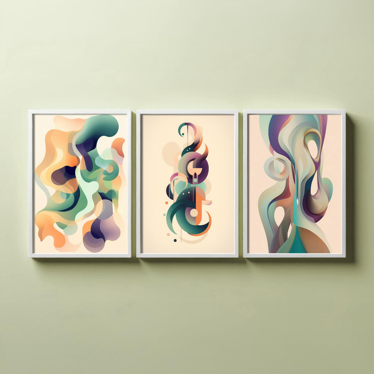 Abstract Smoke Fractals Set of Three Art Prints - Flowing Sage, Lilac and Peach Shapes - Modern Minimalist Poster Illustration