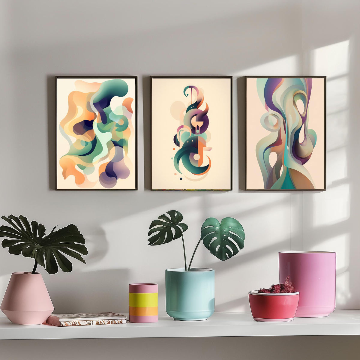 Abstract Smoke Fractals Set of Three Art Prints - Flowing Sage, Lilac and Peach Shapes - Modern Minimalist Poster Illustration