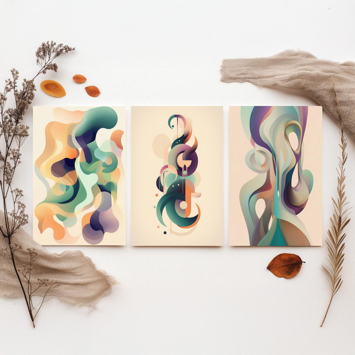 Abstract Smoke Fractals Set of Three Art Prints - Flowing Sage, Lilac and Peach Shapes - Modern Minimalist Poster Illustration