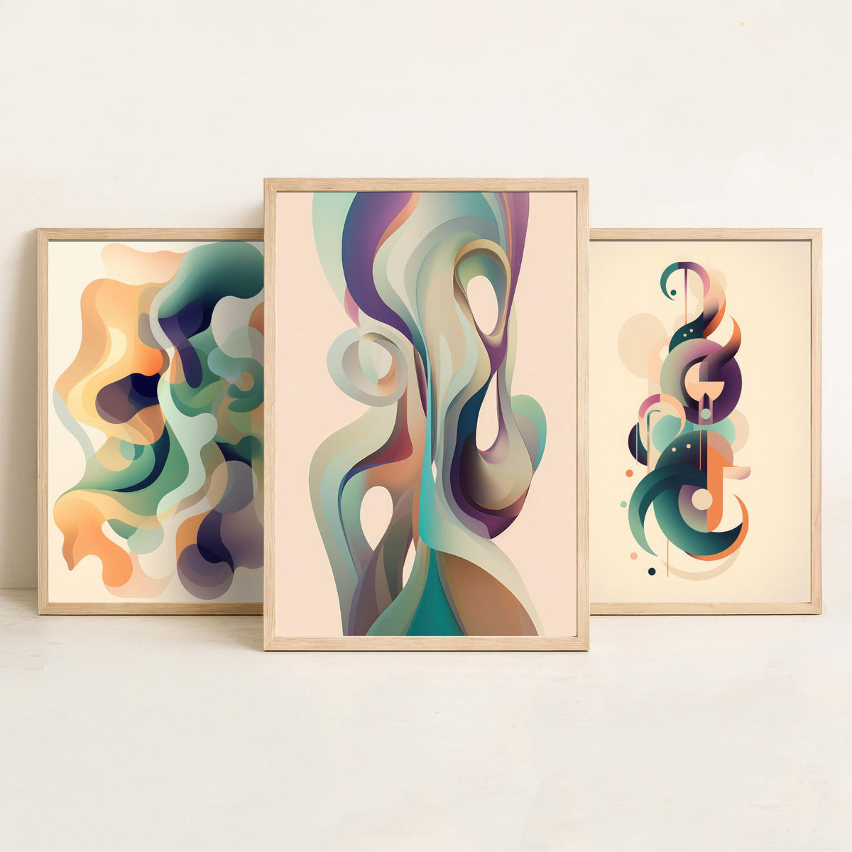 Abstract Smoke Fractals Set of Three Art Prints - Flowing Sage, Lilac and Peach Shapes - Modern Minimalist Poster Illustration