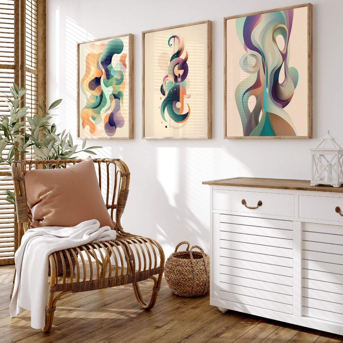 Abstract Smoke Fractals Set of Three Art Prints - Flowing Sage, Lilac and Peach Shapes - Modern Minimalist Poster Illustration