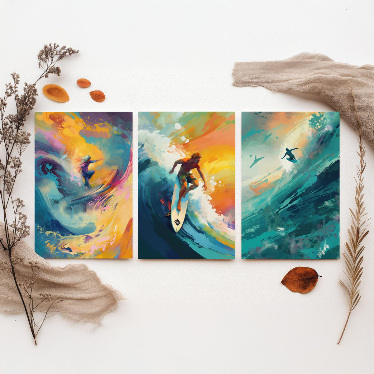 Dreamlike Surfer Set of Three Art Prints - Abstract Surfing Big Wave - Teal and Gold Painting Poster