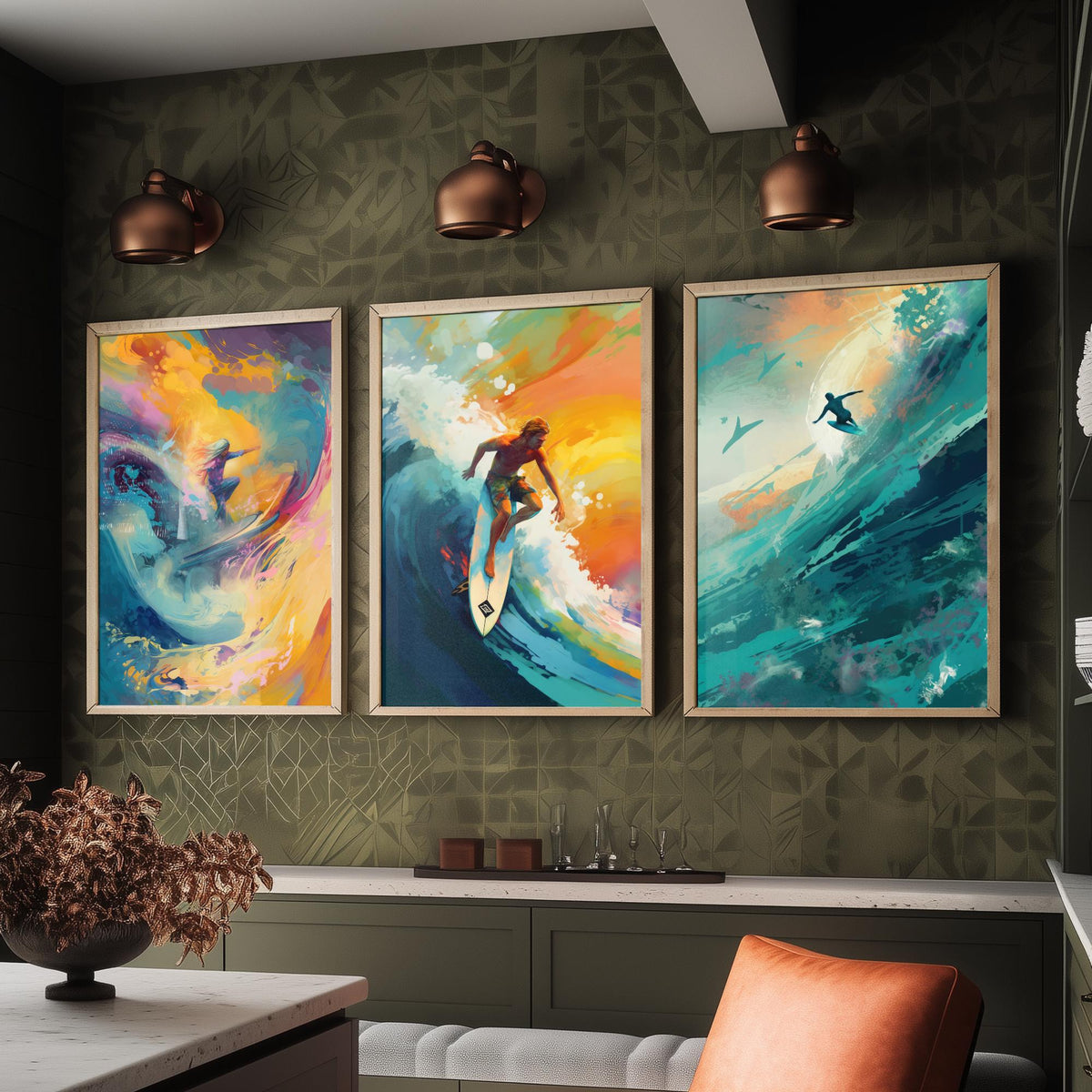 Dreamlike Surfer Set of Three Art Prints - Abstract Surfing Big Wave - Teal and Gold Painting Poster