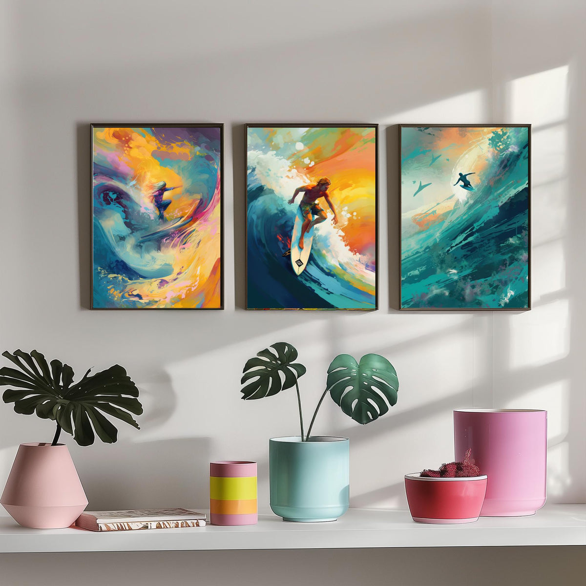 Dreamlike Surfer Set of Three Art Prints - Abstract Surfing Big Wave - Teal and Gold Painting Poster