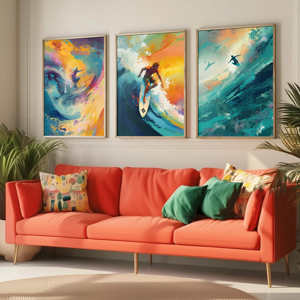 Dreamlike Surfer Set of Three Art Prints - Abstract Surfing Big Wave - Teal and Gold Painting Poster