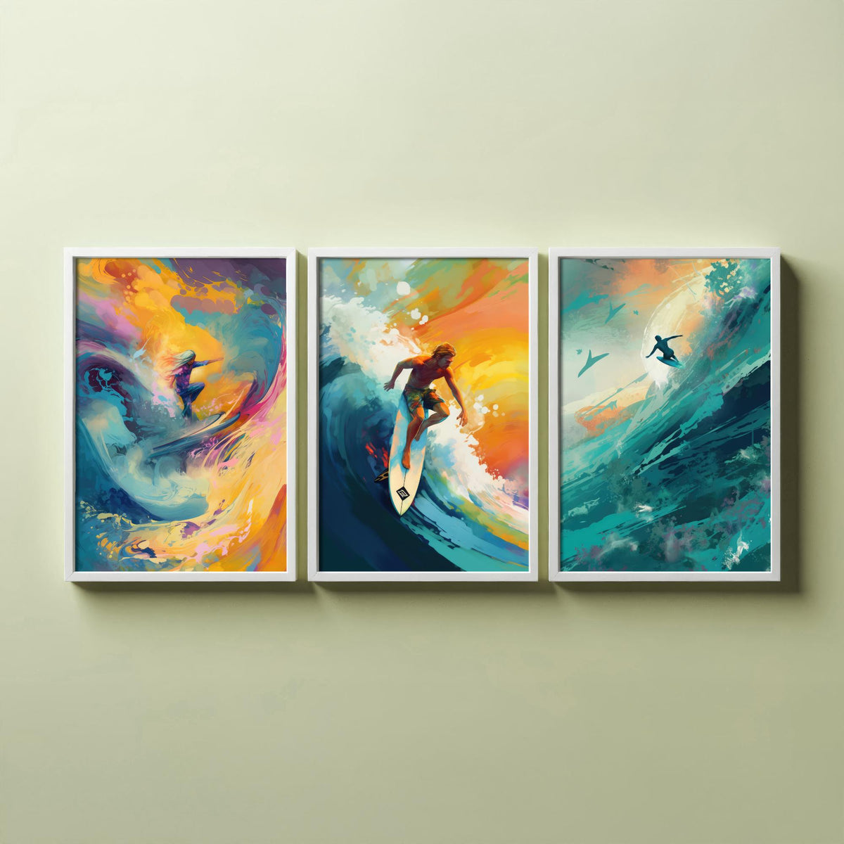Dreamlike Surfer Set of Three Art Prints - Abstract Surfing Big Wave - Teal and Gold Painting Poster
