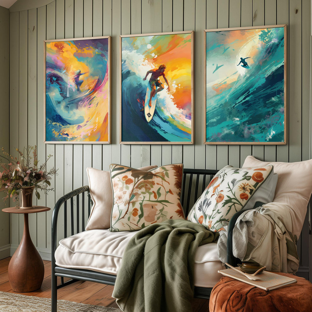 Dreamlike Surfer Set of Three Art Prints - Abstract Surfing Big Wave - Teal and Gold Painting Poster