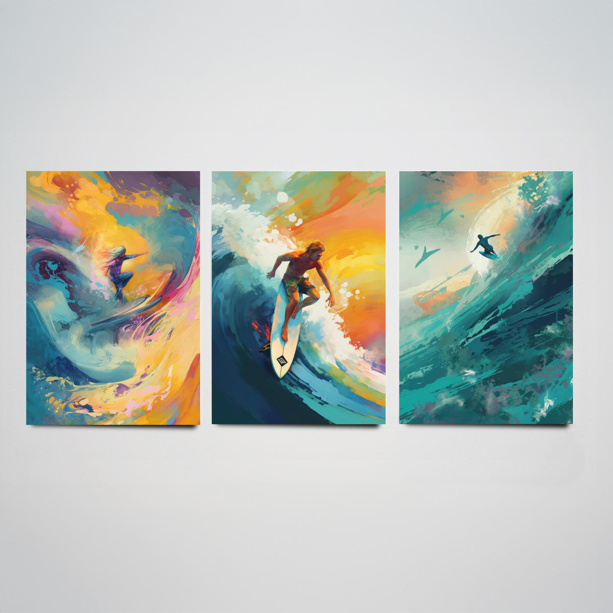Dreamlike Surfer Set of Three Art Prints - Abstract Surfing Big Wave - Teal and Gold Painting Poster
