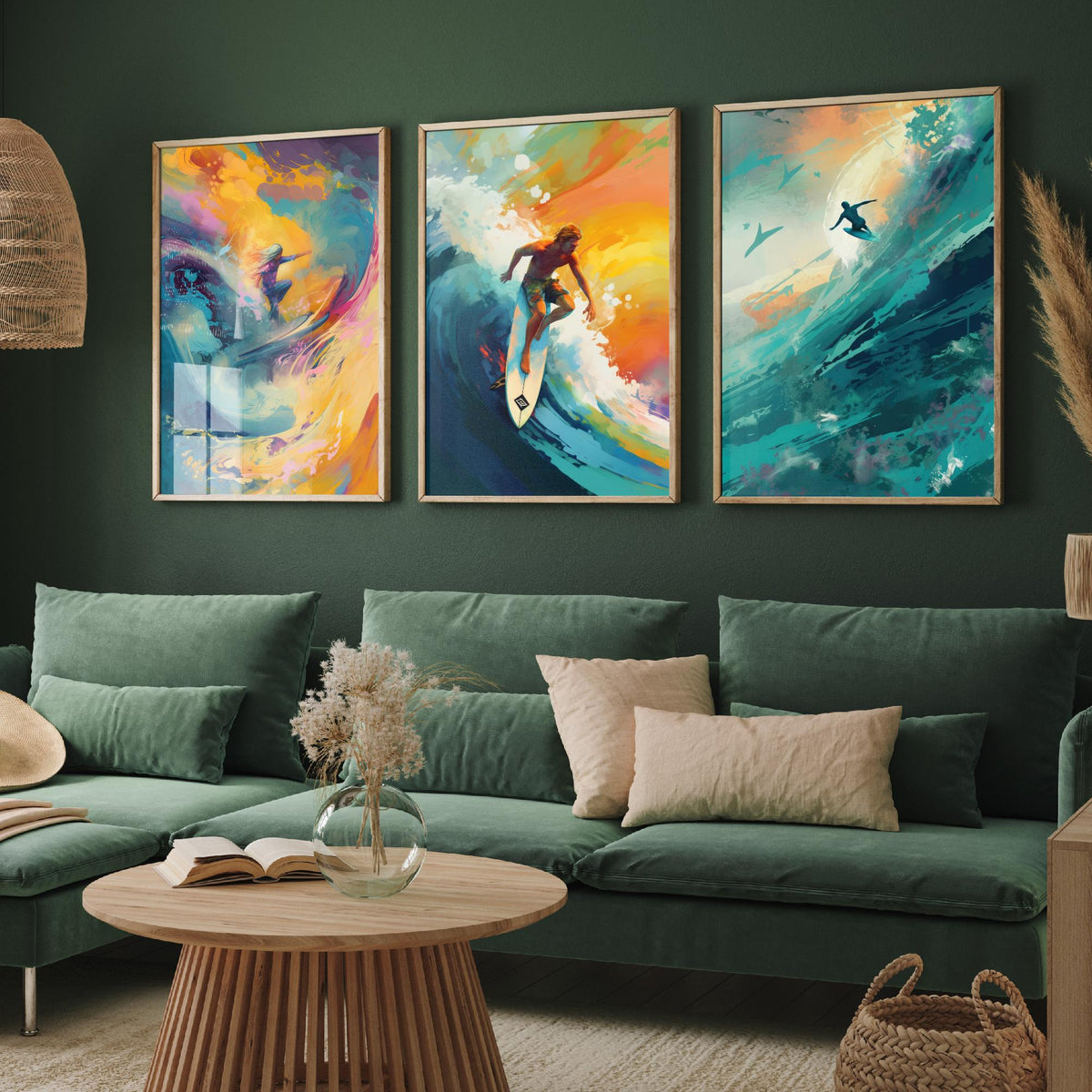 Dreamlike Surfer Set of Three Art Prints - Abstract Surfing Big Wave - Teal and Gold Painting Poster