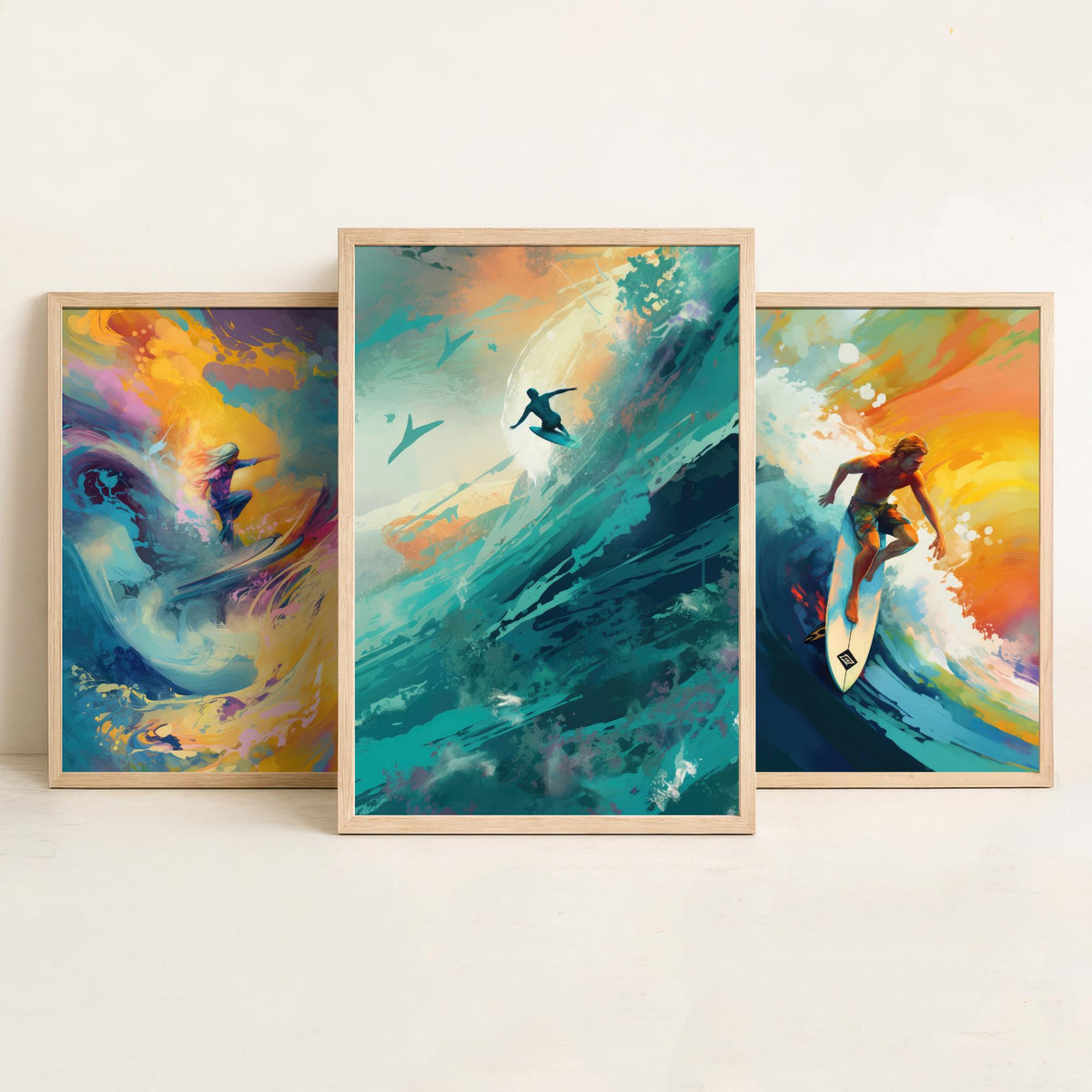 Dreamlike Surfer Set of Three Art Prints - Abstract Surfing Big Wave - Teal and Gold Painting Poster