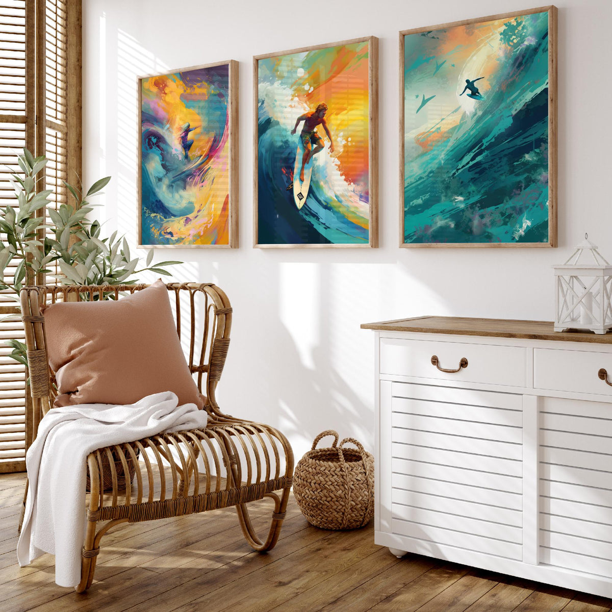 Dreamlike Surfer Set of Three Art Prints - Abstract Surfing Big Wave - Teal and Gold Painting Poster