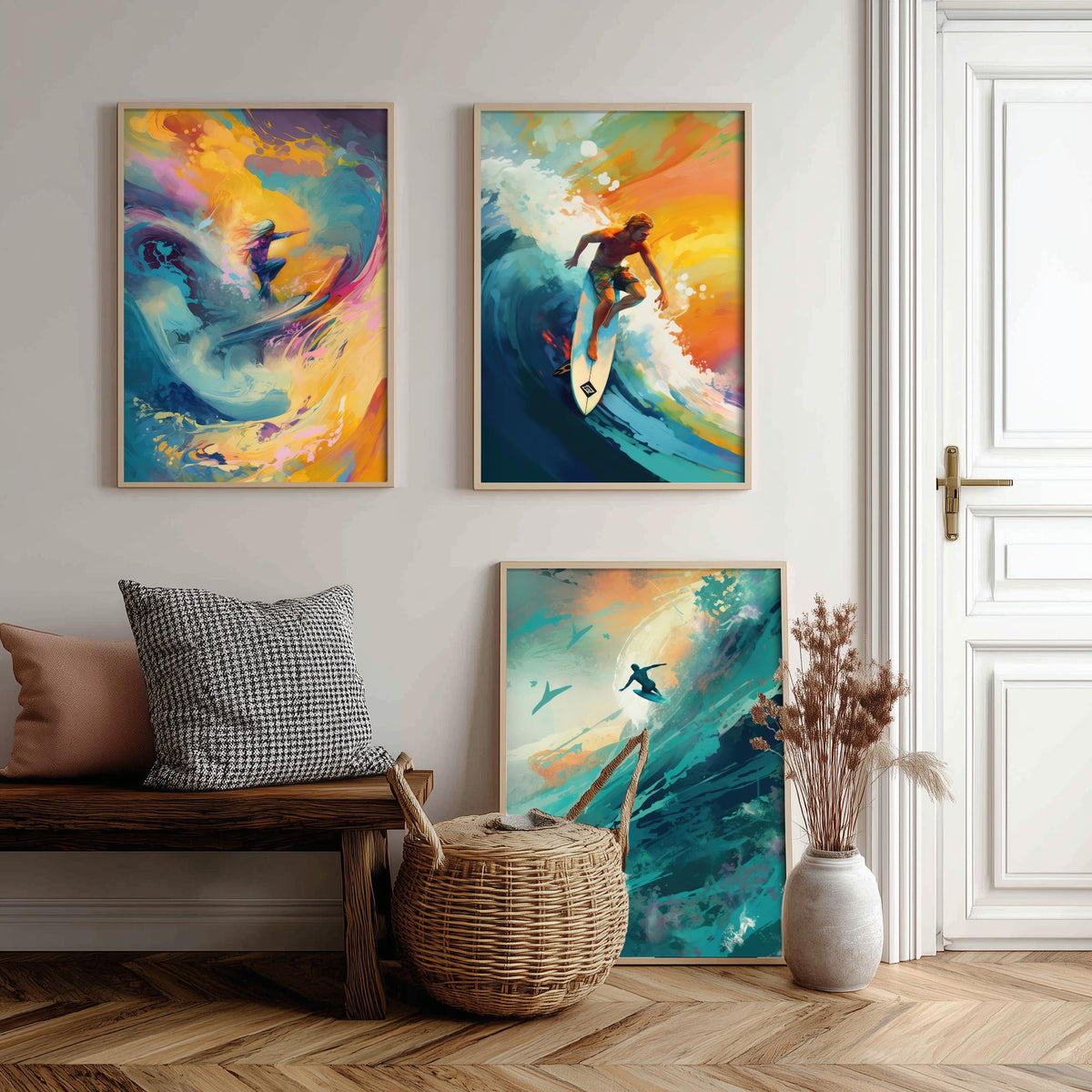 Dreamlike Surfer Set of Three Art Prints - Abstract Surfing Big Wave - Teal and Gold Painting Poster