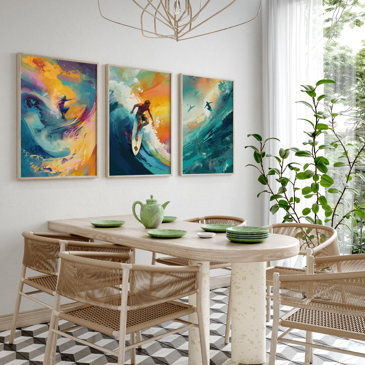 Dreamlike Surfer Set of Three Art Prints - Abstract Surfing Big Wave - Teal and Gold Painting Poster
