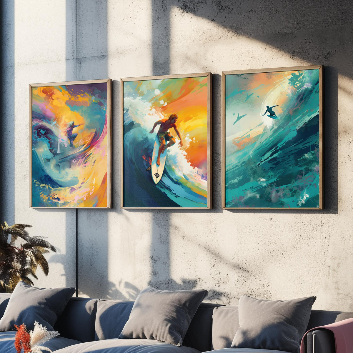 Dreamlike Surfer Set of Three Art Prints - Abstract Surfing Big Wave - Teal and Gold Painting Poster