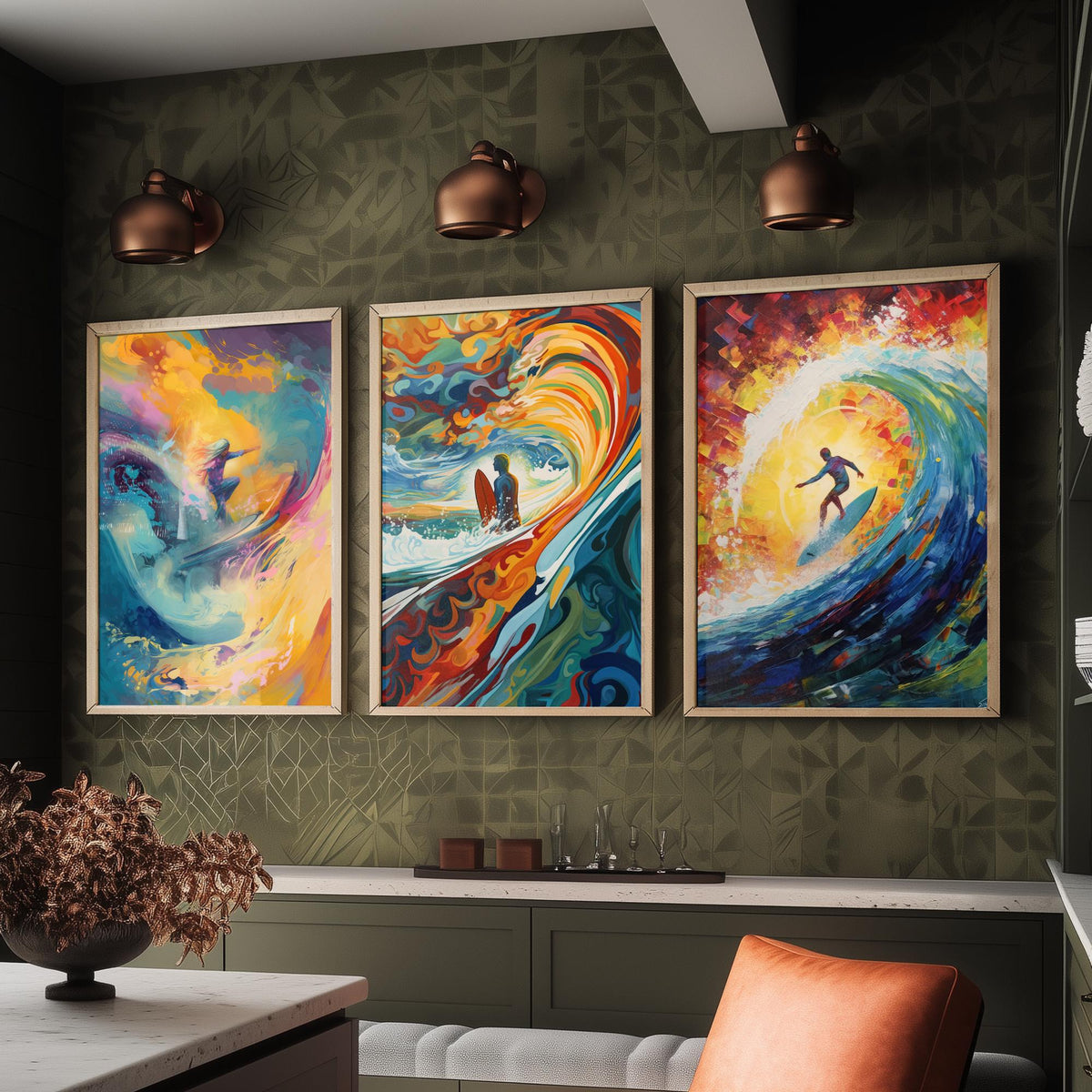 Surfing Dreamland Set of Three Art Prints - Psychedelic Wave Barrel, Golden Sun, Surfer - Bold Painting Poster