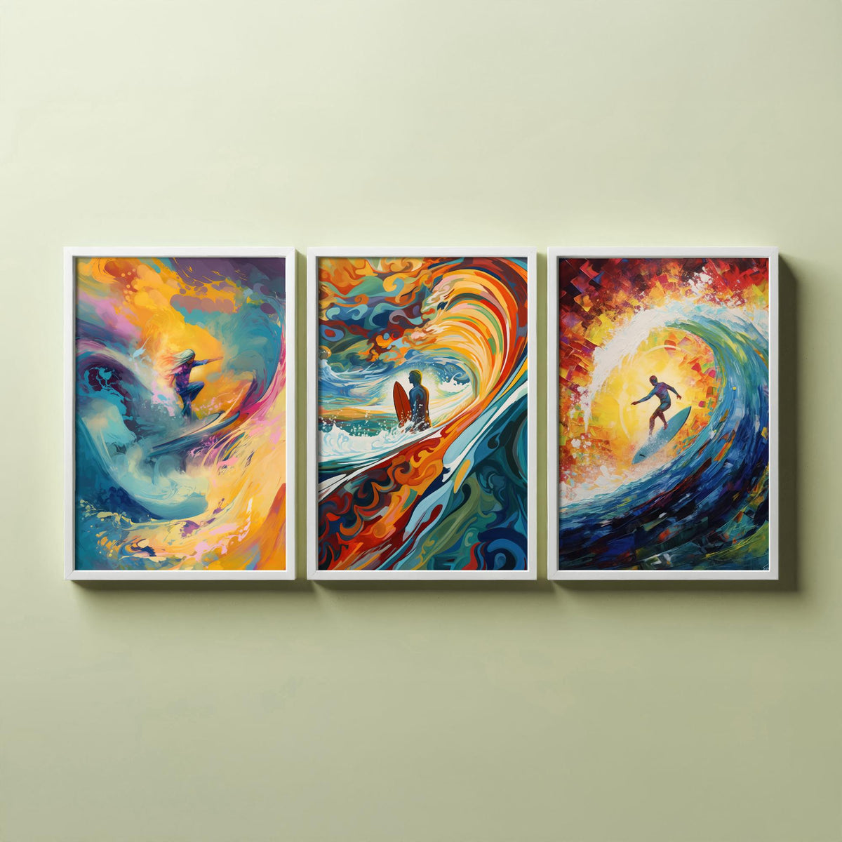 Surfing Dreamland Set of Three Art Prints - Psychedelic Wave Barrel, Golden Sun, Surfer - Bold Painting Poster