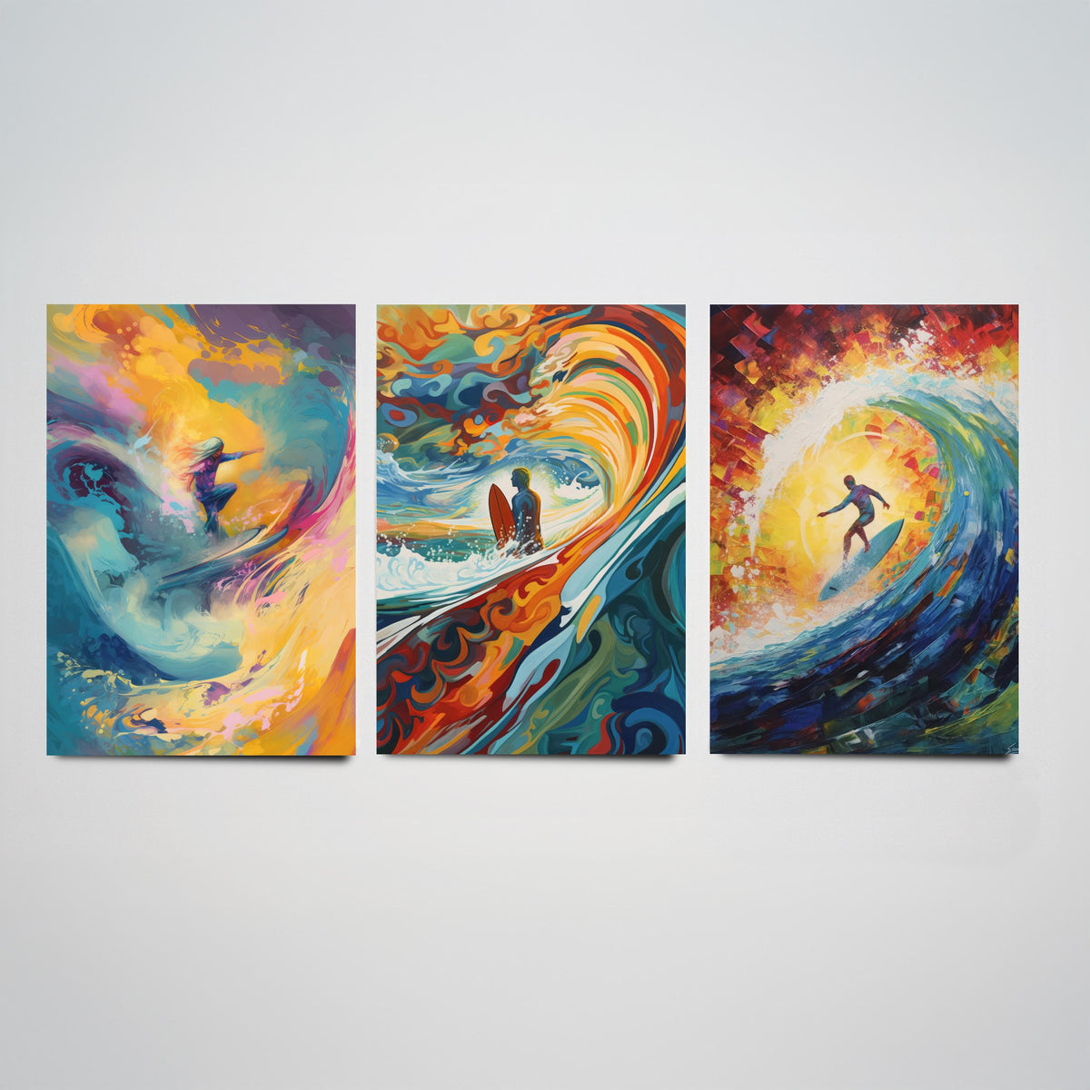 Surfing Dreamland Set of Three Art Prints - Psychedelic Wave Barrel, Golden Sun, Surfer - Bold Painting Poster