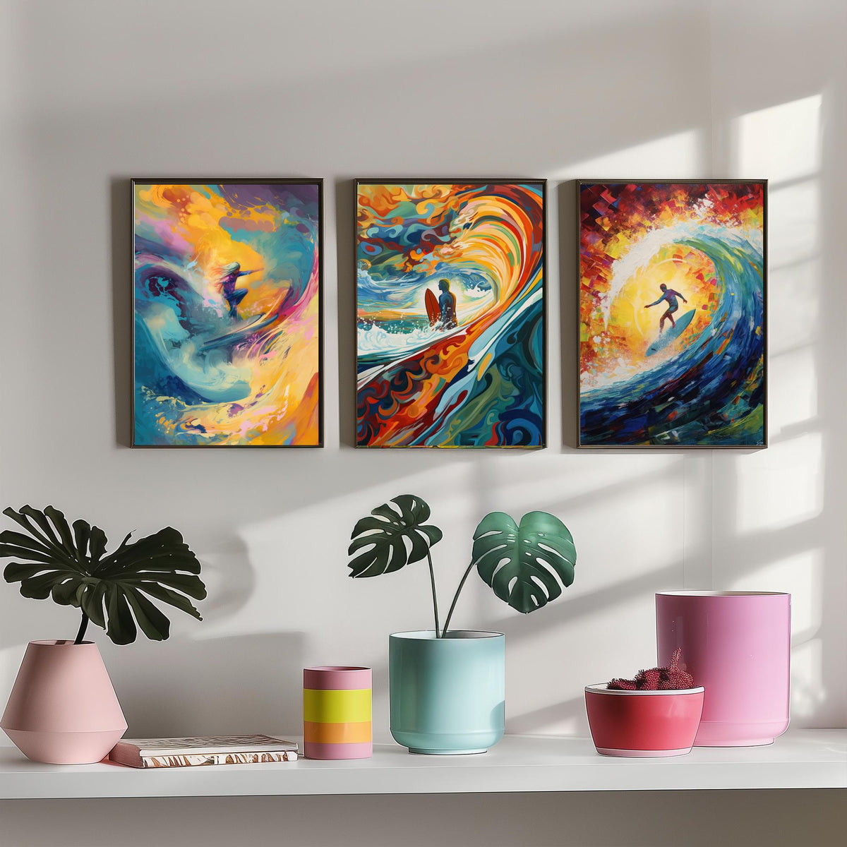 Surfing Dreamland Set of Three Art Prints - Psychedelic Wave Barrel, Golden Sun, Surfer - Bold Painting Poster
