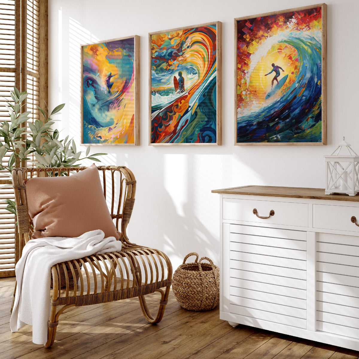 Surfing Dreamland Set of Three Art Prints - Psychedelic Wave Barrel, Golden Sun, Surfer - Bold Painting Poster