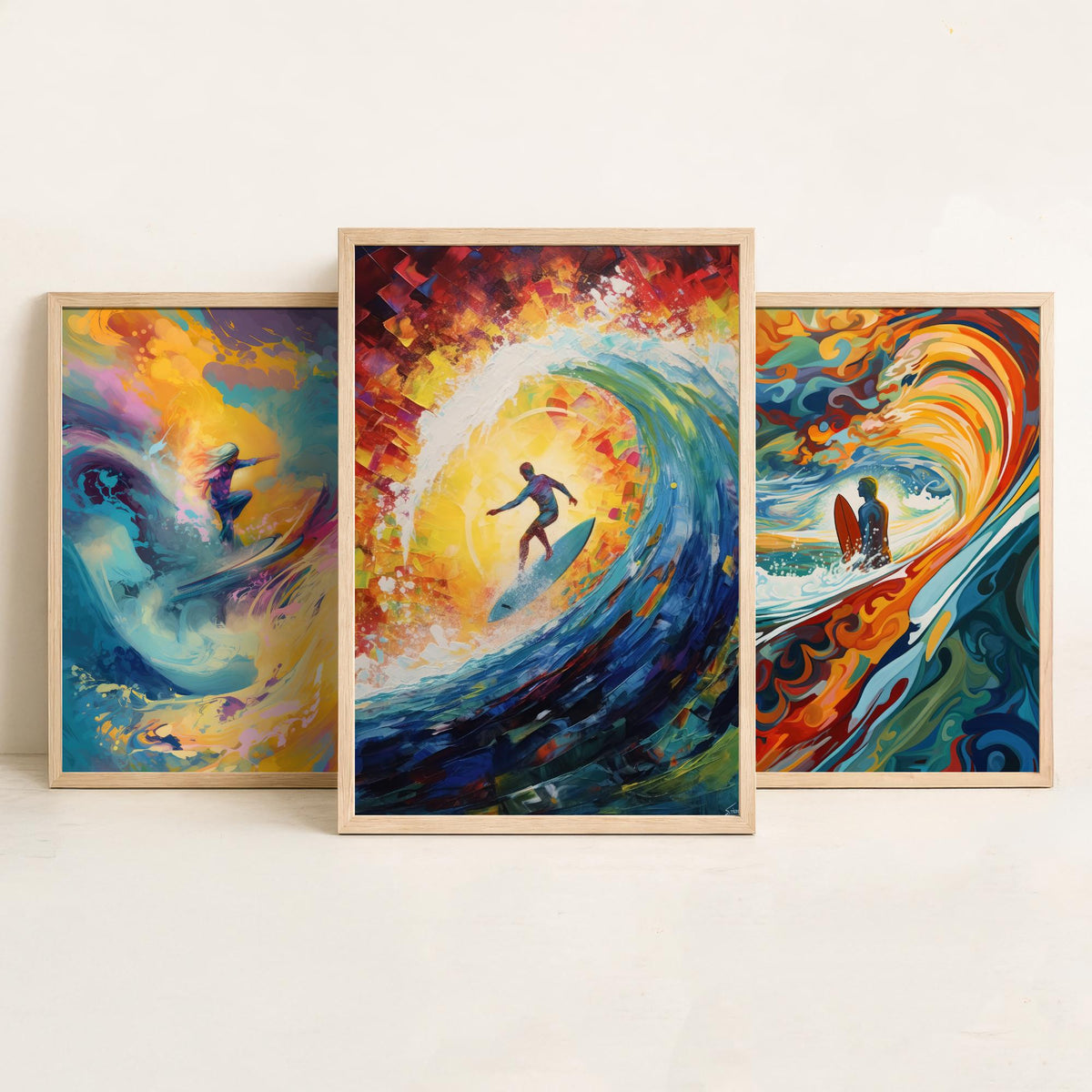 Surfing Dreamland Set of Three Art Prints - Psychedelic Wave Barrel, Golden Sun, Surfer - Bold Painting Poster