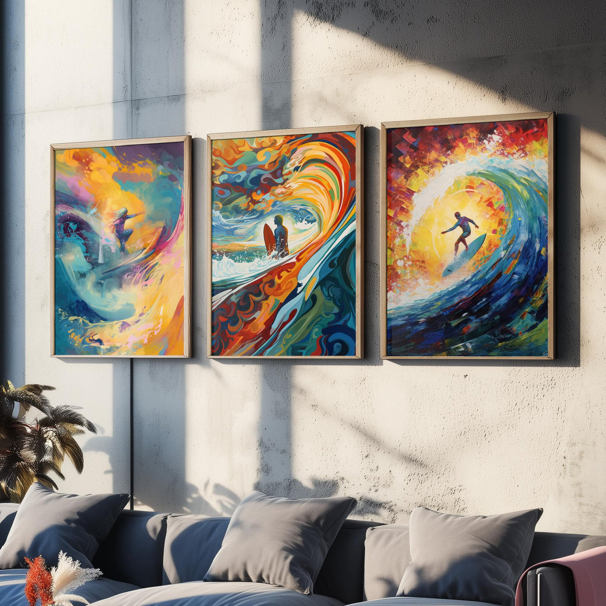 Surfing Dreamland Set of Three Art Prints - Psychedelic Wave Barrel, Golden Sun, Surfer - Bold Painting Poster