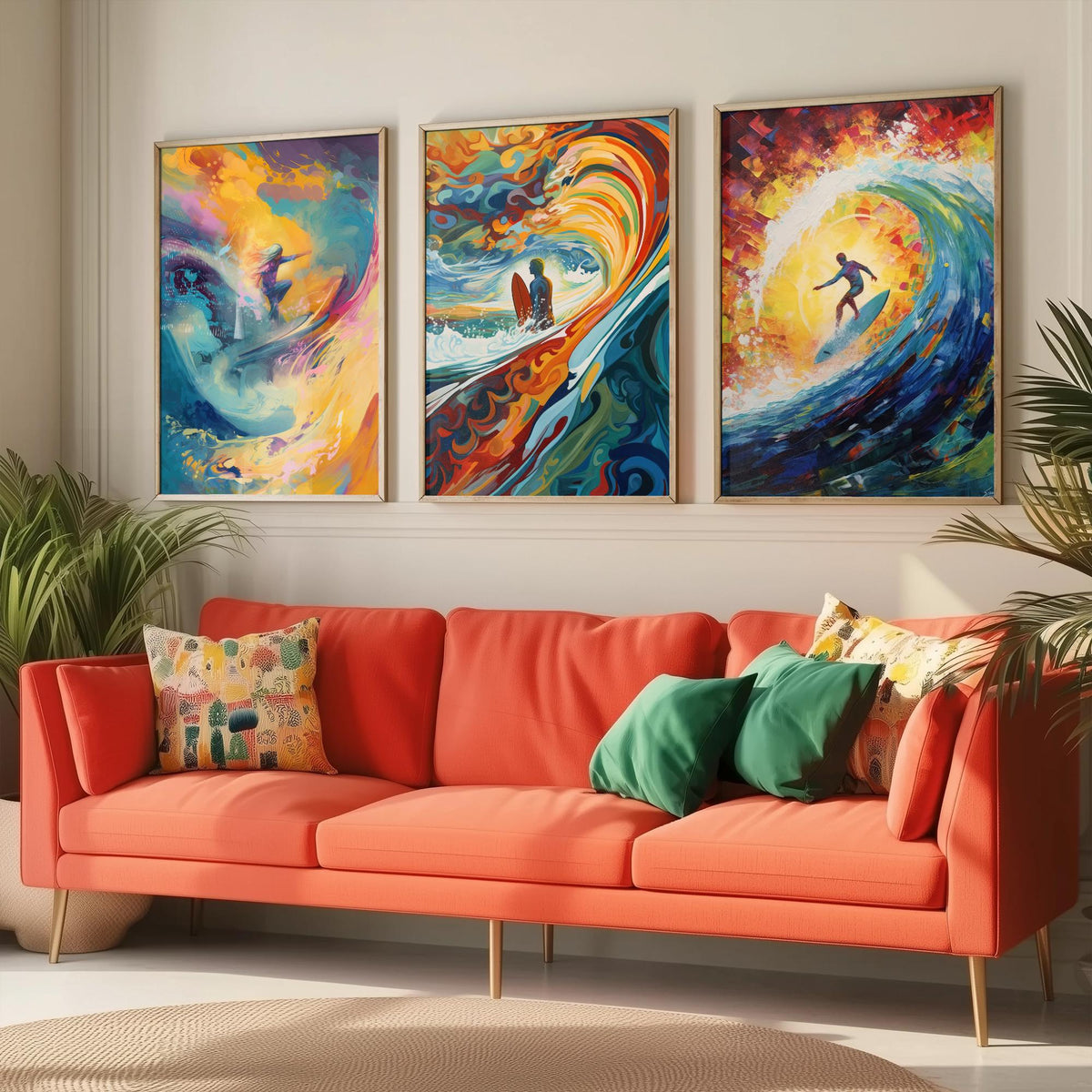Surfing Dreamland Set of Three Art Prints - Psychedelic Wave Barrel, Golden Sun, Surfer - Bold Painting Poster