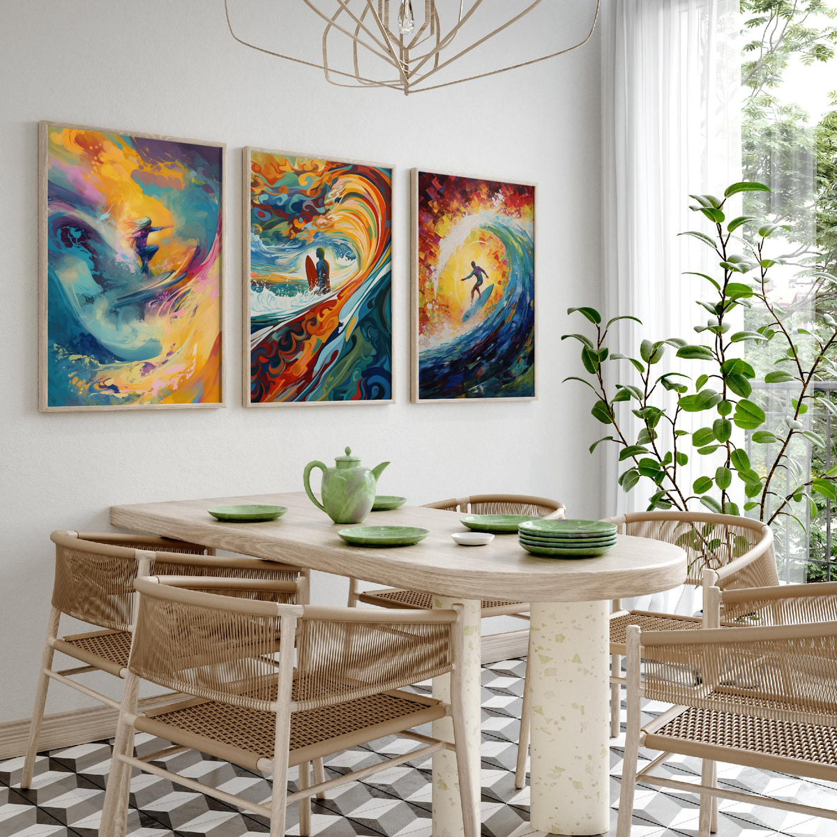 Surfing Dreamland Set of Three Art Prints - Psychedelic Wave Barrel, Golden Sun, Surfer - Bold Painting Poster