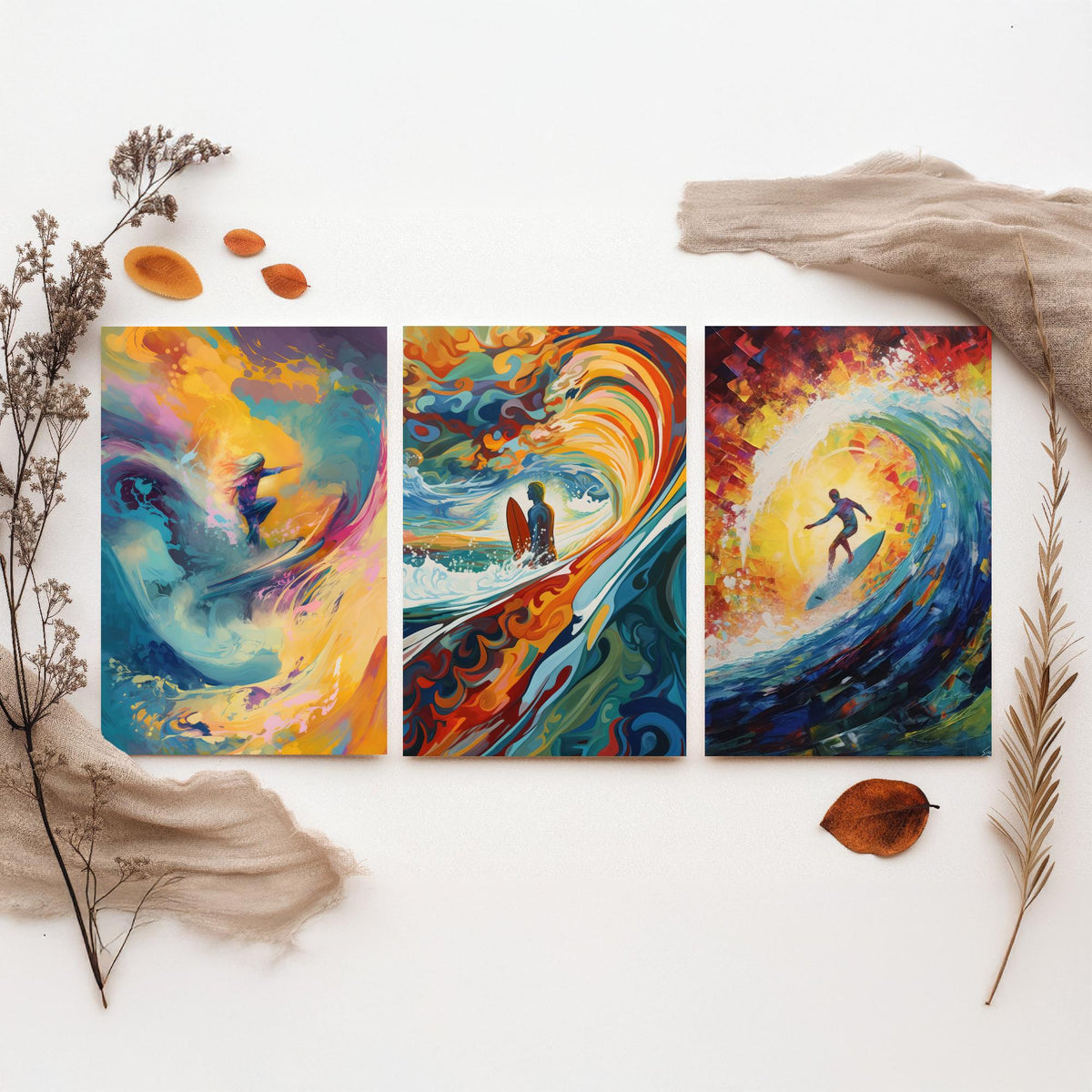 Surfing Dreamland Set of Three Art Prints - Psychedelic Wave Barrel, Golden Sun, Surfer - Bold Painting Poster