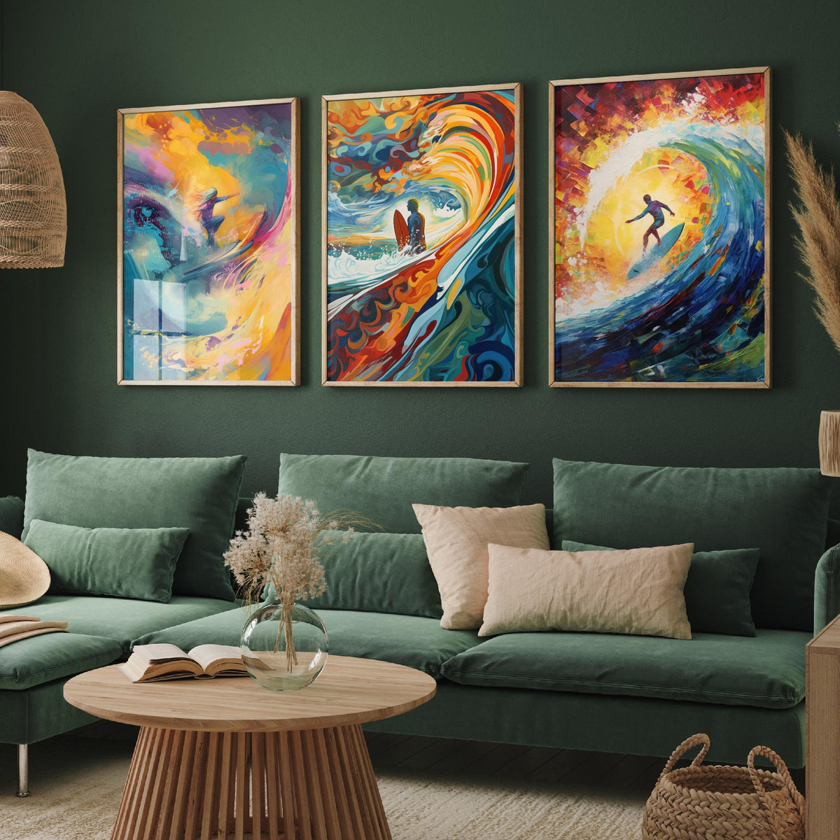 Surfing Dreamland Set of Three Art Prints - Psychedelic Wave Barrel, Golden Sun, Surfer - Bold Painting Poster