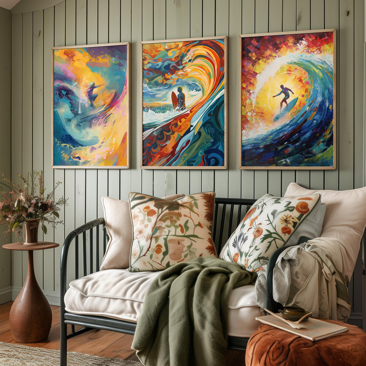 Surfing Dreamland Set of Three Art Prints - Psychedelic Wave Barrel, Golden Sun, Surfer - Bold Painting Poster