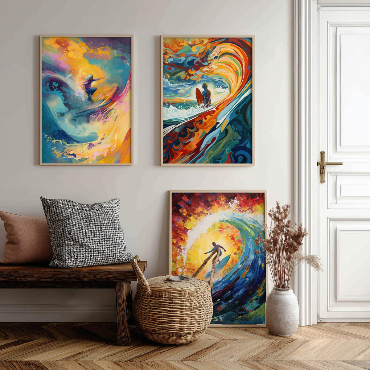 Surfing Dreamland Set of Three Art Prints - Psychedelic Wave Barrel, Golden Sun, Surfer - Bold Painting Poster