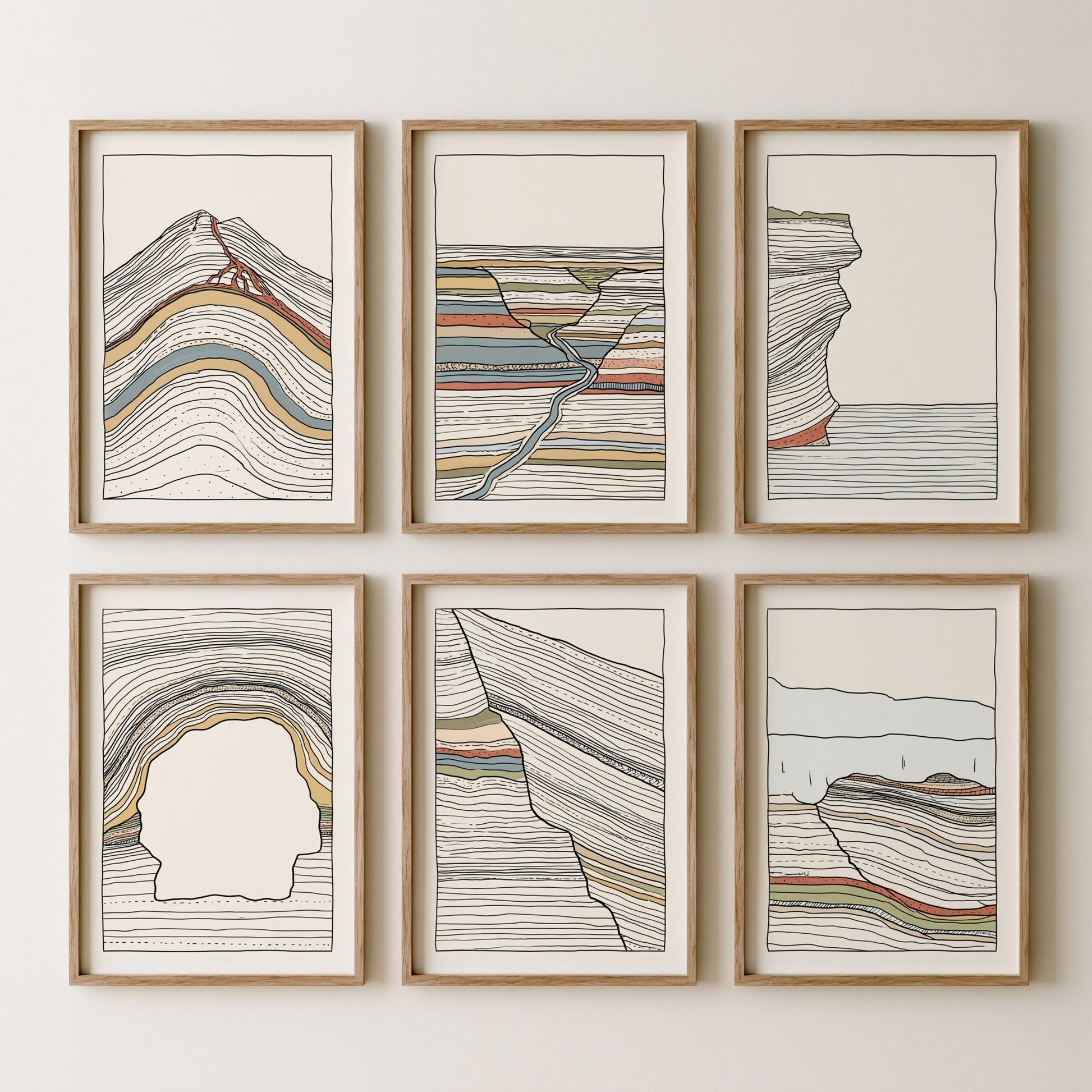 Set of Six Topographic Line Art Prints - 6 Colourful Geology Strata Landscape Posters - Volcano Canyon Cliff Contour Illustration