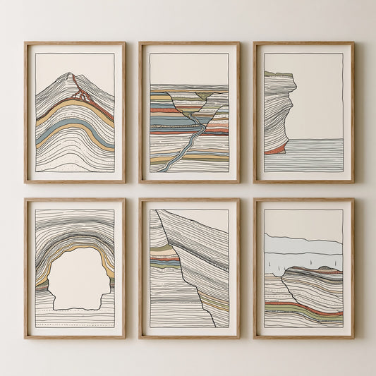 Set of Six Topographic Line Art Prints - 6 Colourful Geology Strata Landscape Posters - Volcano Canyon Cliff Contour Illustration