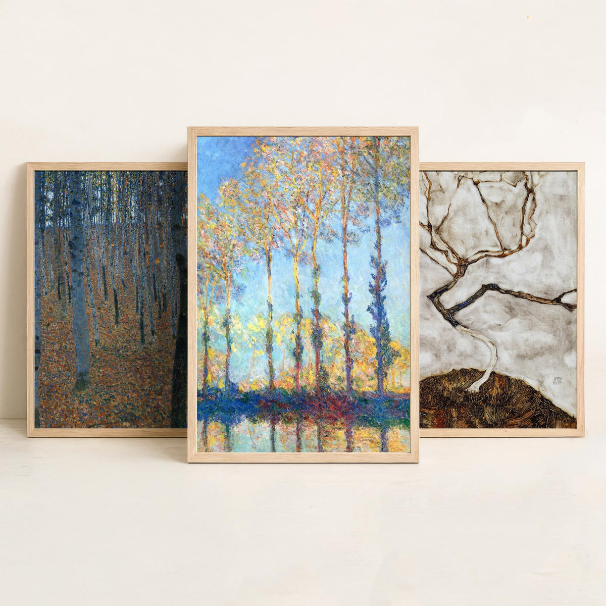 Famous Tree Paintings Set of Three Art Prints - Klimt Beech Grove, Schiele Autumn Tree, Monet Poplars - Painting Poster