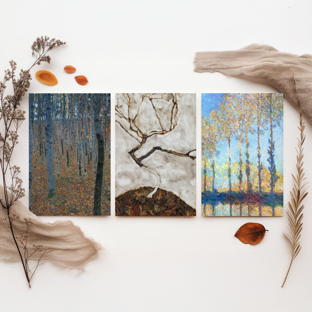 Famous Tree Paintings Set of Three Art Prints - Klimt Beech Grove, Schiele Autumn Tree, Monet Poplars - Painting Poster