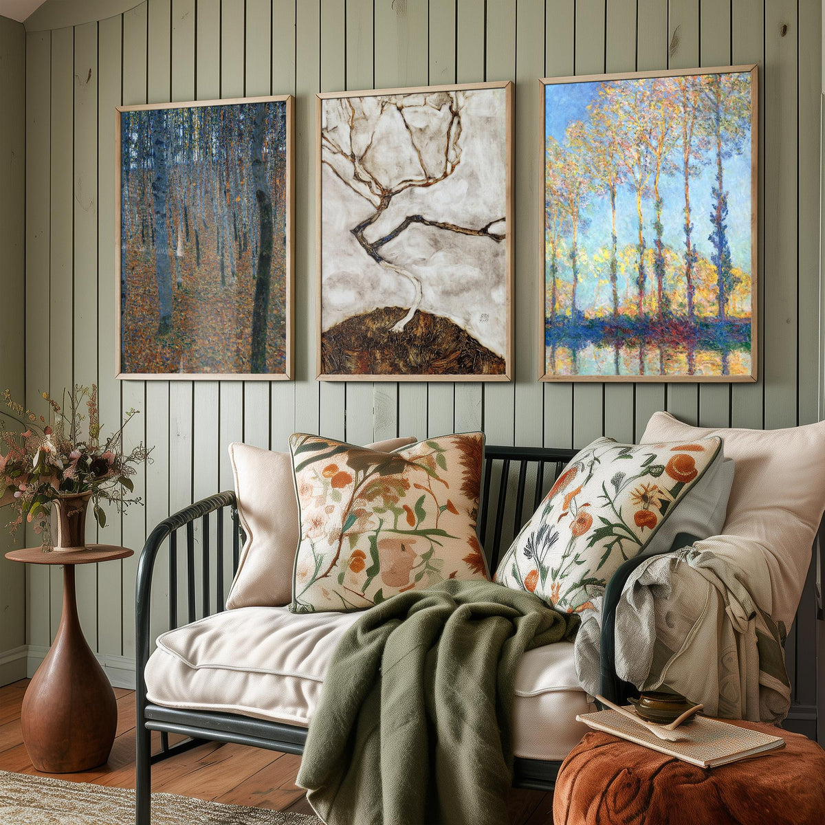 Famous Tree Paintings Set of Three Art Prints - Klimt Beech Grove, Schiele Autumn Tree, Monet Poplars - Painting Poster