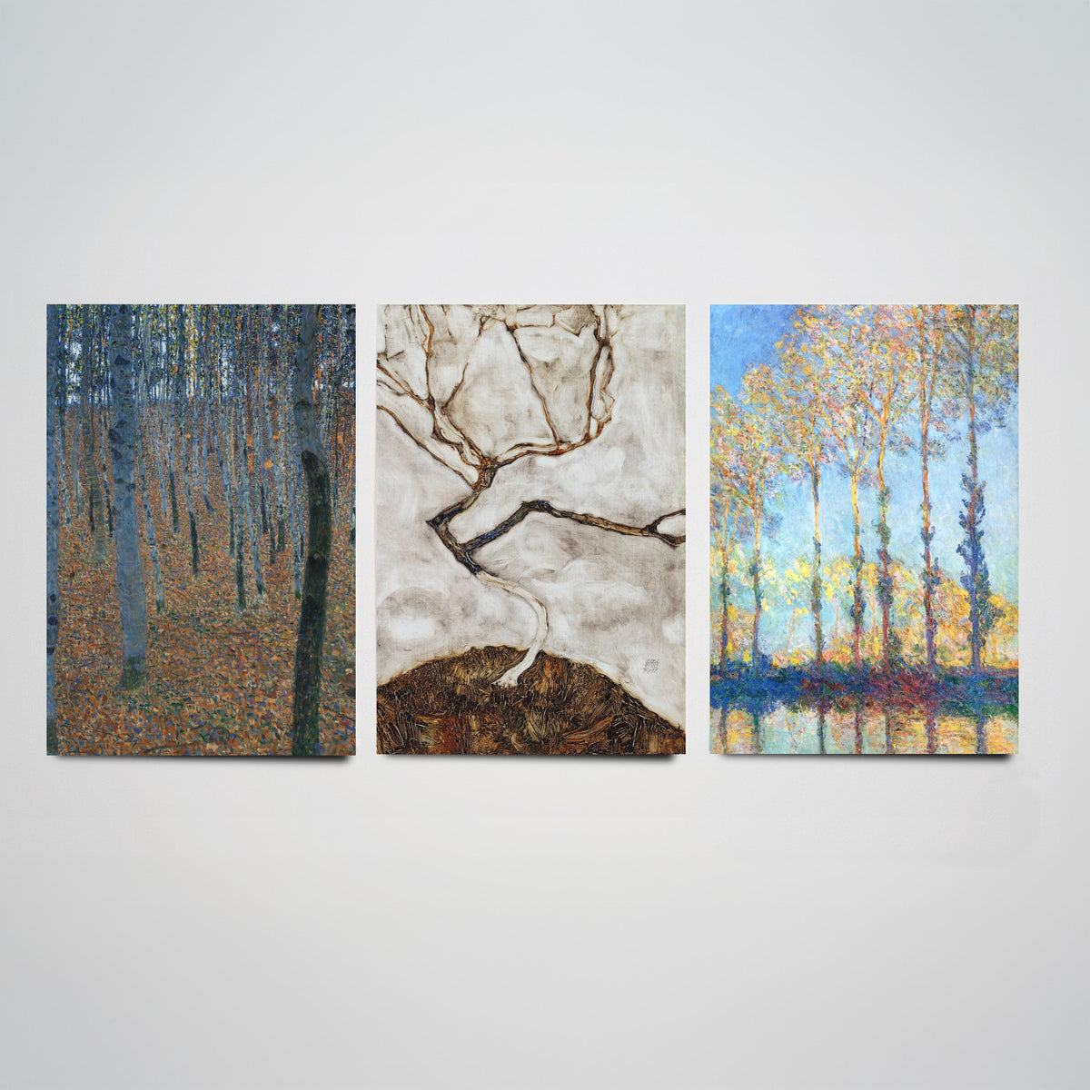 Famous Tree Paintings Set of Three Art Prints - Klimt Beech Grove, Schiele Autumn Tree, Monet Poplars - Painting Poster
