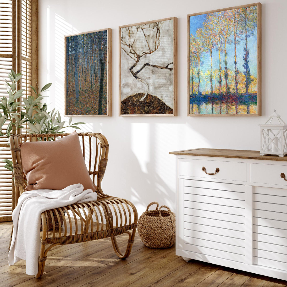 Famous Tree Paintings Set of Three Art Prints - Klimt Beech Grove, Schiele Autumn Tree, Monet Poplars - Painting Poster