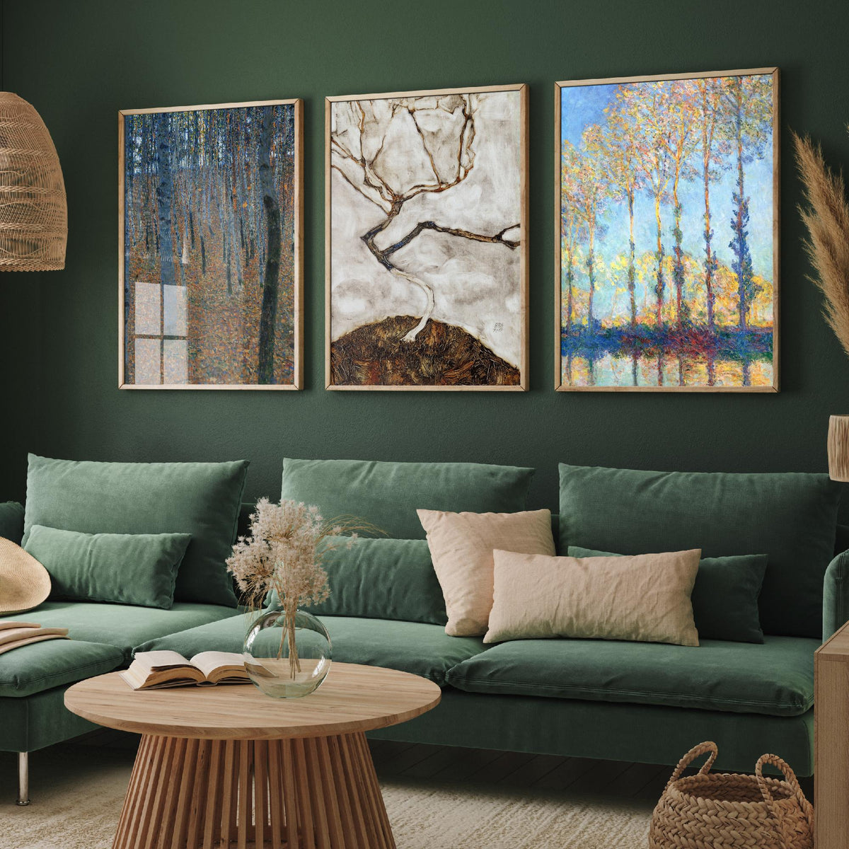 Famous Tree Paintings Set of Three Art Prints - Klimt Beech Grove, Schiele Autumn Tree, Monet Poplars - Painting Poster