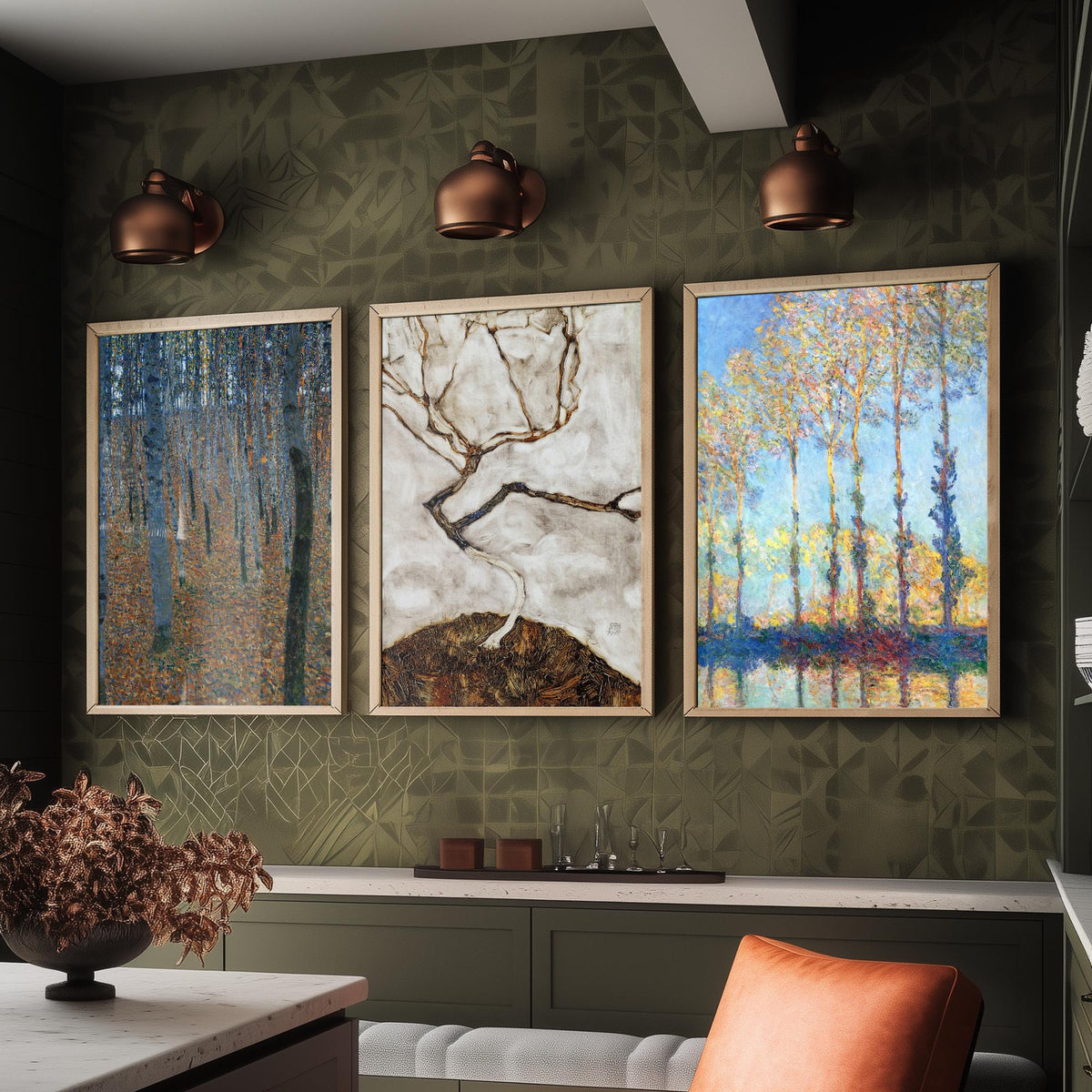 Famous Tree Paintings Set of Three Art Prints - Klimt Beech Grove, Schiele Autumn Tree, Monet Poplars - Painting Poster