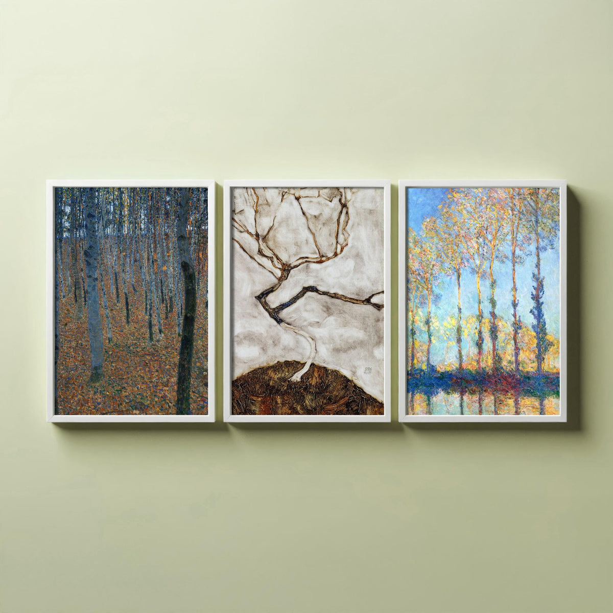 Famous Tree Paintings Set of Three Art Prints - Klimt Beech Grove, Schiele Autumn Tree, Monet Poplars - Painting Poster