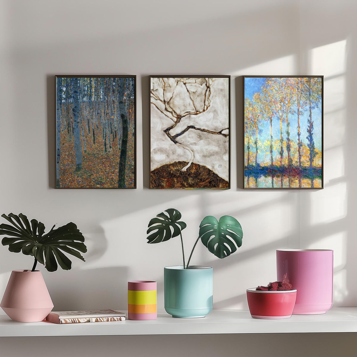 Famous Tree Paintings Set of Three Art Prints - Klimt Beech Grove, Schiele Autumn Tree, Monet Poplars - Painting Poster