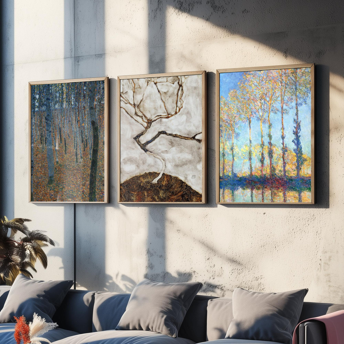 Famous Tree Paintings Set of Three Art Prints - Klimt Beech Grove, Schiele Autumn Tree, Monet Poplars - Painting Poster
